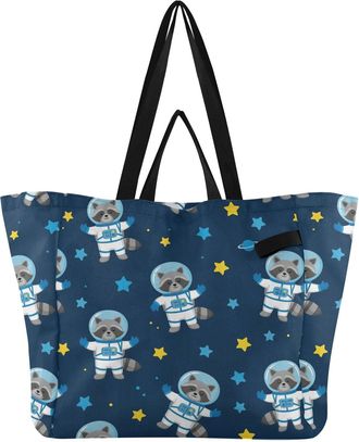Generic Stars Blue Raccoon pattern Reusable Canvas Tote Bag, Heavy Duty Grocery Shopping Bag with Hard Bottom Large Capacity Double Handles Work Groceries Tra