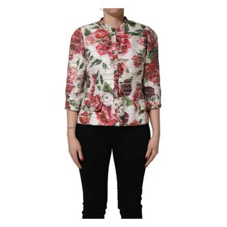 Dolce & Gabbana Blouses, female, Multicolor, Size: 2XL Peony Print Crewneck Jacket