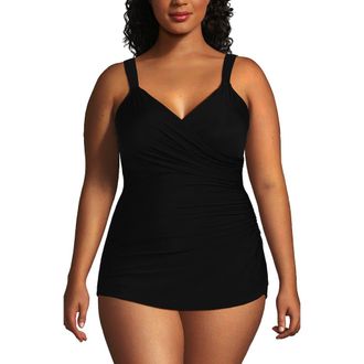 Lands End Plus Size DD-Cup Slender V-Neck Tummy Control Chlorine Resistant Skirted One Piece Swimsuit in Black at Nordstrom, Size 24W