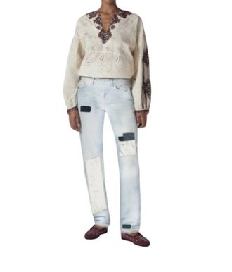 Fortela Five Pockets Patchwork Denim Pants In Light Blue