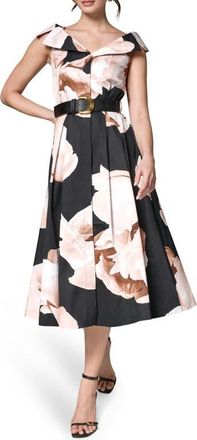 DKNY Floral Belted Stretch Fit & Flare Midi Dress in Black Multi at Nordstrom, Size 10