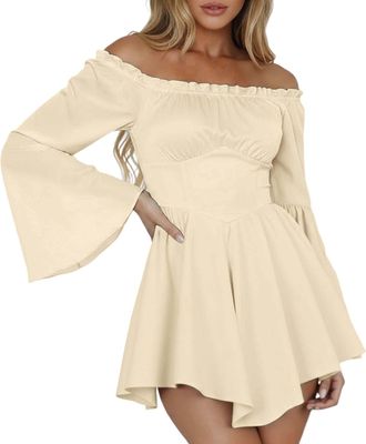 Generic Pirate Costume Women White Dress Corset Mini Dress Puff Sleeve Off Shoulder Corset Romper Dresses Flowy Layered Jumpsuit Playsuits