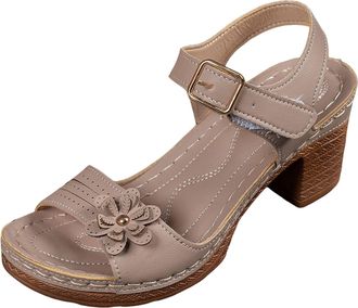 Generic Low Block Heel Sandals For Women Wide Width Chunky Platform Open Toe Perforated Loop Strap Flower Comfort Leather Insole Sandals Shoes