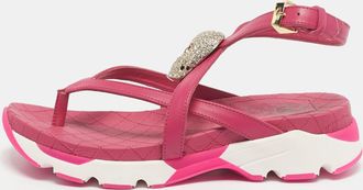 Philipp Plein Philipp Plein Pink Leather Crystal Skull Flat Sandals
