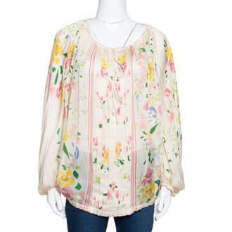 Roberto Cavalli Cream Floral Print Silk Sheer Kaftan Top