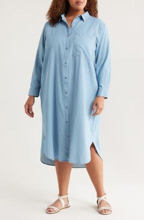Eileen Fisher Classic Long Sleeve Airy Organic Cotton Twill Shirtdress in Washed Indigo at Nordstrom Rack, Size 2X