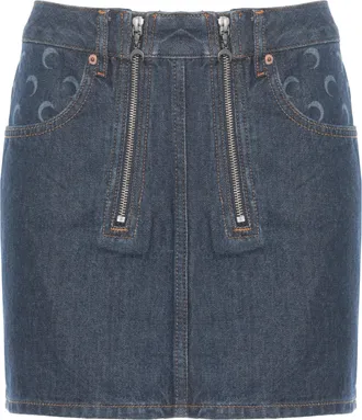 Marine Serre Dark Blue Denim Mini Skirt With Moon Logo Details
