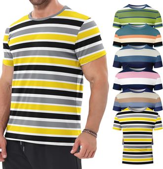Generic 6 Pack Mens Big and Tall Shirts Summer Cotton Short Sleeve Tee Crew Neck Casual Top Basic Oversize T Shirts Mens Striped Shirt Short Sleeve T-Shirts (