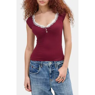 BDG Diana Lace Trim Rib Knit Top in Burgundy at Nordstrom, Size X-Large