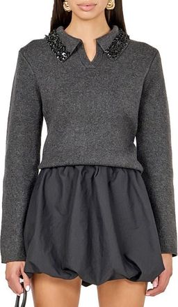 endless rose Jewel Trim Sweater in Charcoal at Nordstrom, Size X-Small