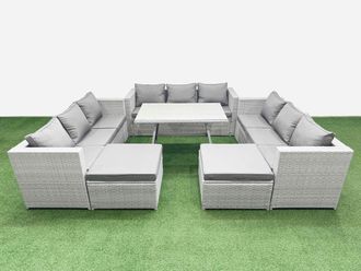 Fimous 11 Seat Patio PE Rattan Garden Furniture with 2 Big Stools Light Grey
