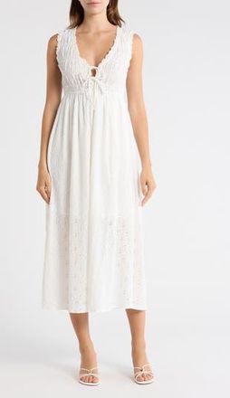 Lush Tie Front Sleeveless Smocked Midi Dress in White at Nordstrom Rack, Size Medium