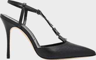 Manolo Blahnik 105mm Maurata Leather Bow T-Strap Pumps