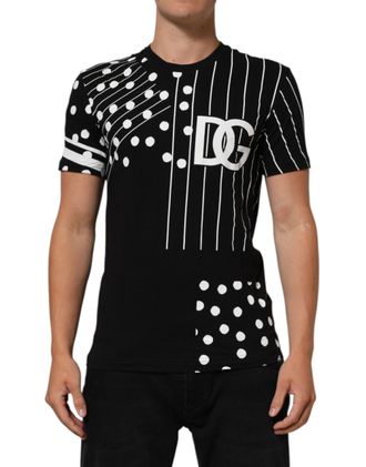 Dolce & Gabbana Mens Polka Dot Stripes Tee - Black Cotton - Size EU 46 (Mens)