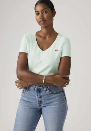 Levi's V-Shirt LEVIS Perfect Tee, Damen, Gr. XS (34), pale blau cotton, Jersey, Obermaterial: 100% Baumwolle, Basic, figurbetont h&uuml;ftlang, V-Ausschnitt, abge