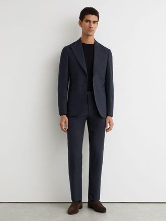 Reiss Airforce Blue Wool Textured Tailored-fit Trousers, 28
