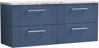 Balterley Balterley - Retro 4 Drawer Wall Hung Vanity Unit with Carrera Marble Laminate Worktop - 1200mm - Satin Blue