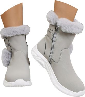 Generic Womens Snow Boots Faux Fur Lined Warm Ankle Booties Casual Slip on Walking Shoes Wide Fit Hiking Shoes Outdoor Winter Boots (Grey, 9.5)
