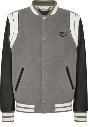 Philipp Plein Bomberjack met leren mouwen College - Heren - Bomber jackets - Grijs - M - Leer - Jassen
