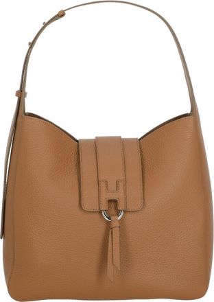 Hogan Structured Leather Hobo Bag With Embossed Logo And Tassel