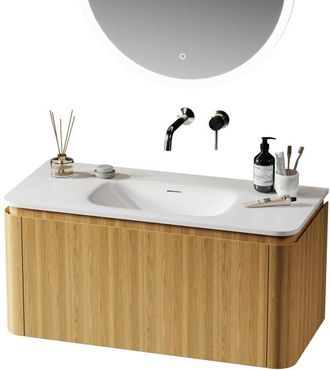 Saniclass Terra Wastafelonderkast - 100cm - 2 lades - solid surface wastafel - 1 wasbak - zonder kraangaten - afgeronde hoeken - sandwood (Licht eiken)