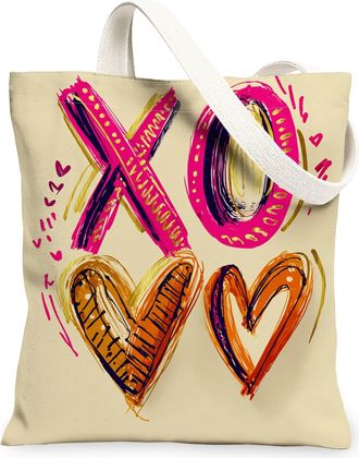 Generic ValentineS Day Heart Canvas Tote Bags, Colorful Love Pattern Reusable Shopping Bags, Lightweight Washable Shoulder Strap C, Beige, 13x15 Inch