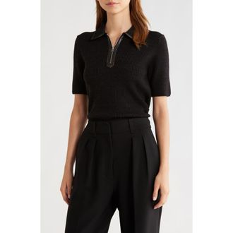 Rag & Bone Caterina Faux Leather Piped Rib Wool Blend Sweater Polo in Dark Brown at Nordstrom Rack, Size Large