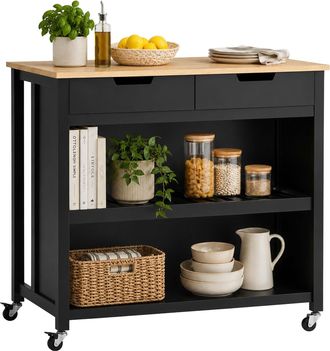 Relaxdays Relaxdays Carrito De Cocina, Encimera, 2 Cajones, 2 Compartimentos, Asiento, 94x100x60 Cm, Con Mesa, Negro/natural
