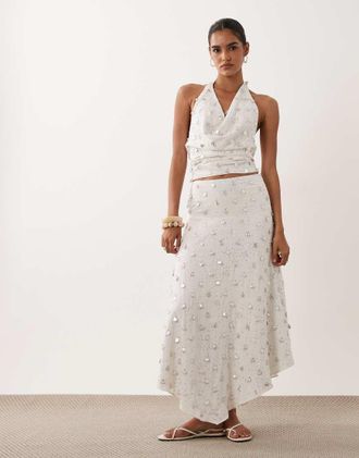 Asos Gonna midi bianca decorata con vita scesa in coordinato-Bianco