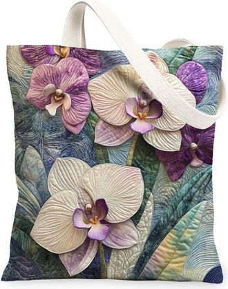Generic Spring Quilted Orchid Flower Canvas Tote Bag for Shopping 13x15, Floral Wildflower Reusable Grocery Print Pattern Bag for Women Men, Fun Garden Aesthe