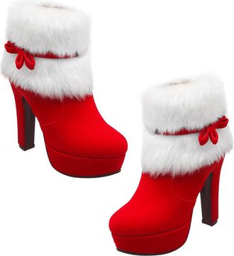 Yarnow Christmas Winter Women Ankle Boots Red Velvet High Heel Platform Chunky Heel Side Zipper Short Plush Winter Boot Shoes Size 39