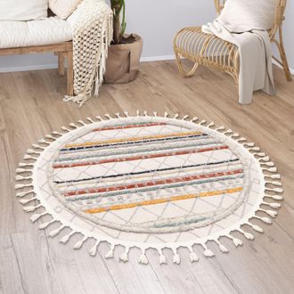 Paco Home Paco Home - Alfombra Salon De Habitacion Pelo Corto Modern Boho Etnica Nordica Dibujo Flecos &Oslash; 120 Cm Redon, Multicolor 2