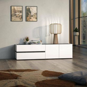 Dmora Mueble Para Tv B&aacute;sico, 2 Cajones, 1 Estante Made In Italy, Puerta Abatible, 180x47x42.6h Cm Blanco Brillante