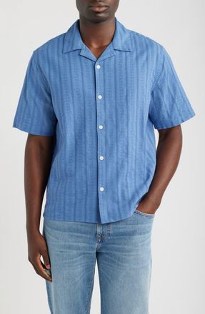 Wax London Didcot Tonal Dobby Stripe Camp Shirt in Mid Blue at Nordstrom, Size Xx-Large