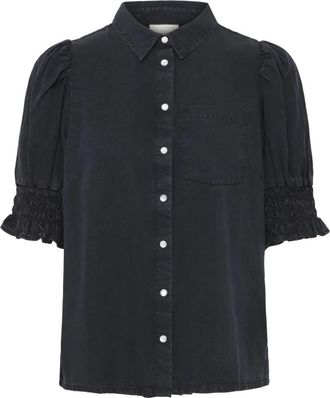 Ichi Zwarte Gewassen Blouse met Pofmouwen - Dames - Overhemden - Zwart - M - Katoen - Overhemden