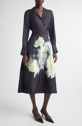 Jason Wu Watercolor Floral Print Long Sleeve Silk Shirtdress in Black /Light Jade at Nordstrom, Size 12