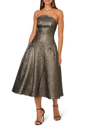 Adrianna Papell Metallic Jacquard Strapless Midi Dress in Gunmetal at Nordstrom Rack, Size 8