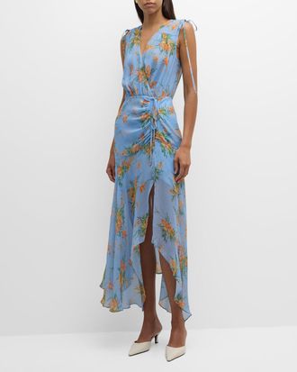 Veronica Beard Dovima Sleeveless Ruched Floral Maxi Dress
