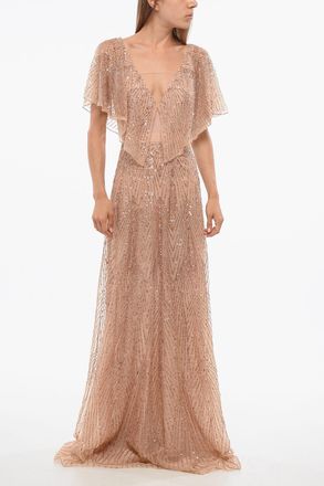 Elisabetta Franchi Abito in Chiffon Paillettato con Maniche a Farfalla Elisabetta Franchi