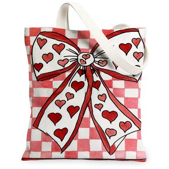 Generic Heart Pattern Canvas Tote Bags, Vintage Checkered Design Reusable Grocery Bags, Lightweight Washable Shoulder Strap Canvas, Red, 13x15 Inch