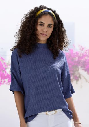 Lascana Kurzarmshirt LASCANA mit Stehkragen, Damen, Gr. 32/34, blau, Cr&ecirc;pe, Obermaterial: 97% Polyester, 3% Elasthan, unifarben, l&auml;ssig geschnitten, Shirts Ku