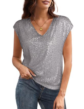 Grace Karin Womens Sequin Top Winter Xmas Short Sleeve V-Neck Sequin Glitter Shirt Casual Classic Blouses for Women UK XL Size 18 Silver-Grey