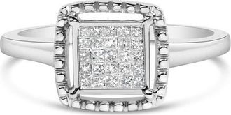 House of Brilliance Silver 1/5 Cttw Invisible Set Princess Cut Diamond Promise Ring with Beaded Halo in White at Nordstrom, Size 7