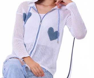 French Kyss Heart Crochet Hoodie In White/denim