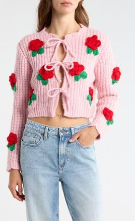 All in Favor 3D Flower Chunky Tie Front Cardigan in Pink at Nordstrom, Size X-Small