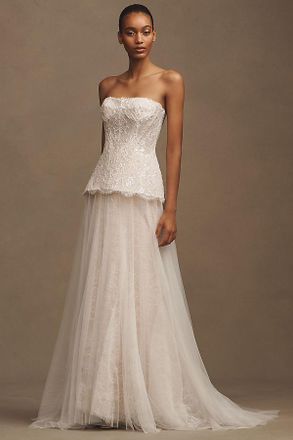 Watters Brookehaven Lace Strapless Drop-Waist A-Line Wedding Gown