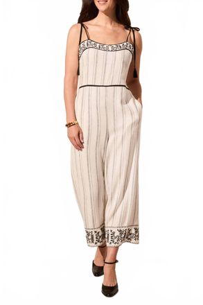 Tribal Sleeveless Jumpsuit With Embroidery Detail In Natural With Black