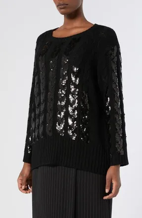 Marina Rinaldi Zac Sequin Cable Stitch Virgin Wool Blend Sweater in Black at Nordstrom, Size X-Large