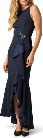 Adrianna Papell Beaded Appliqu&eacute; Ruffle Crepe Gown in Midnight at Nordstrom, Size 18