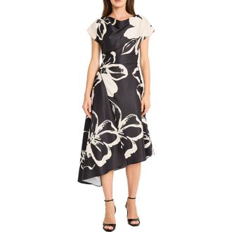Maggy London Asymmetric Hem Midi Dress in Black/Cream at Nordstrom Rack, Size 14